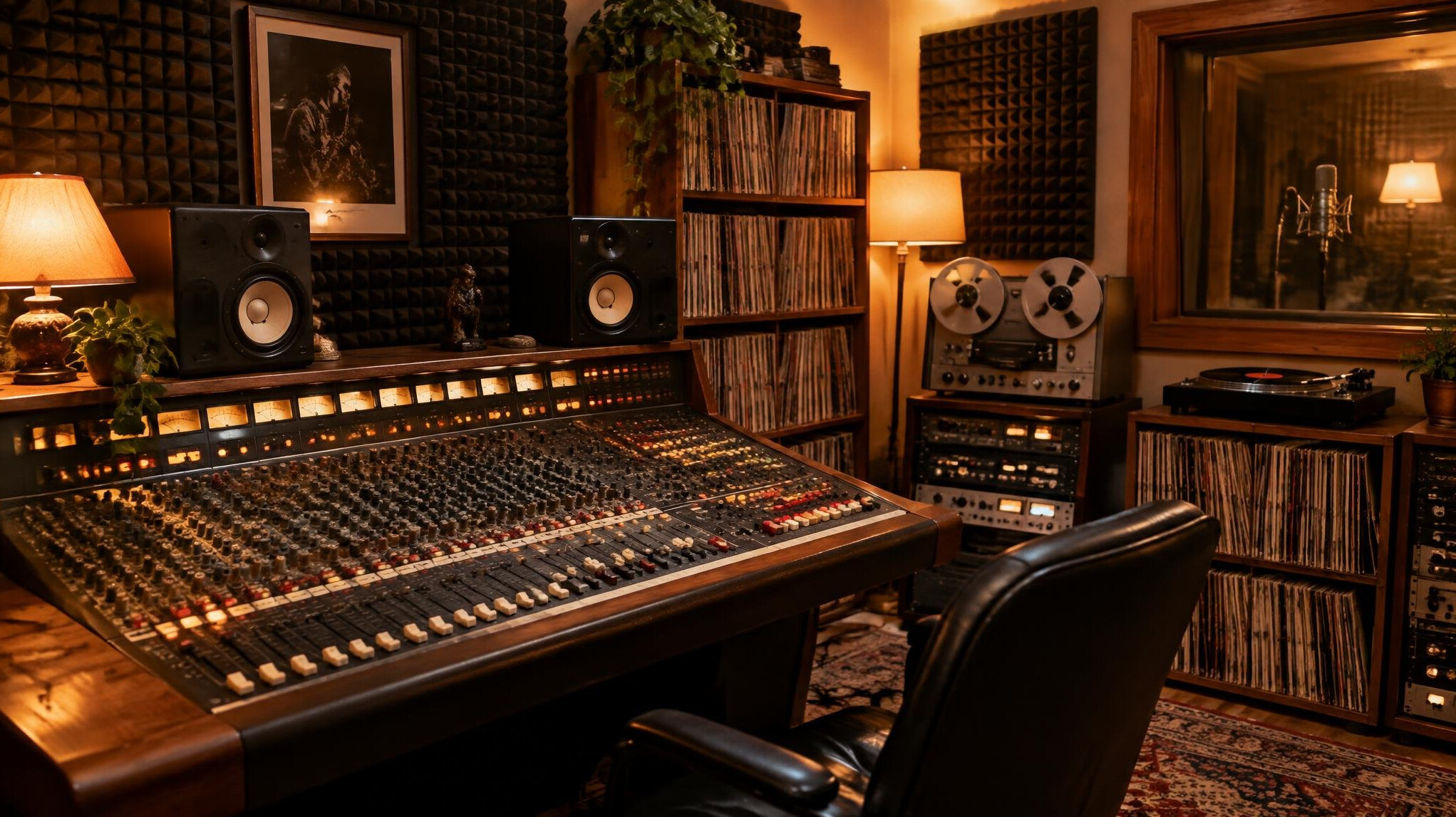 Vintage home recording studio with mixing console and vinyl records