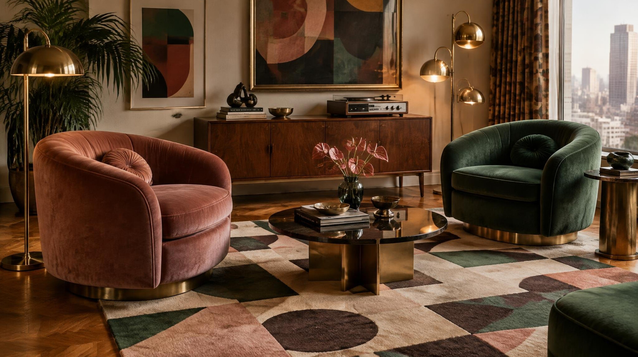 Retro styled room with vintage 1980s furniture, velvet armchairs and brass lamps