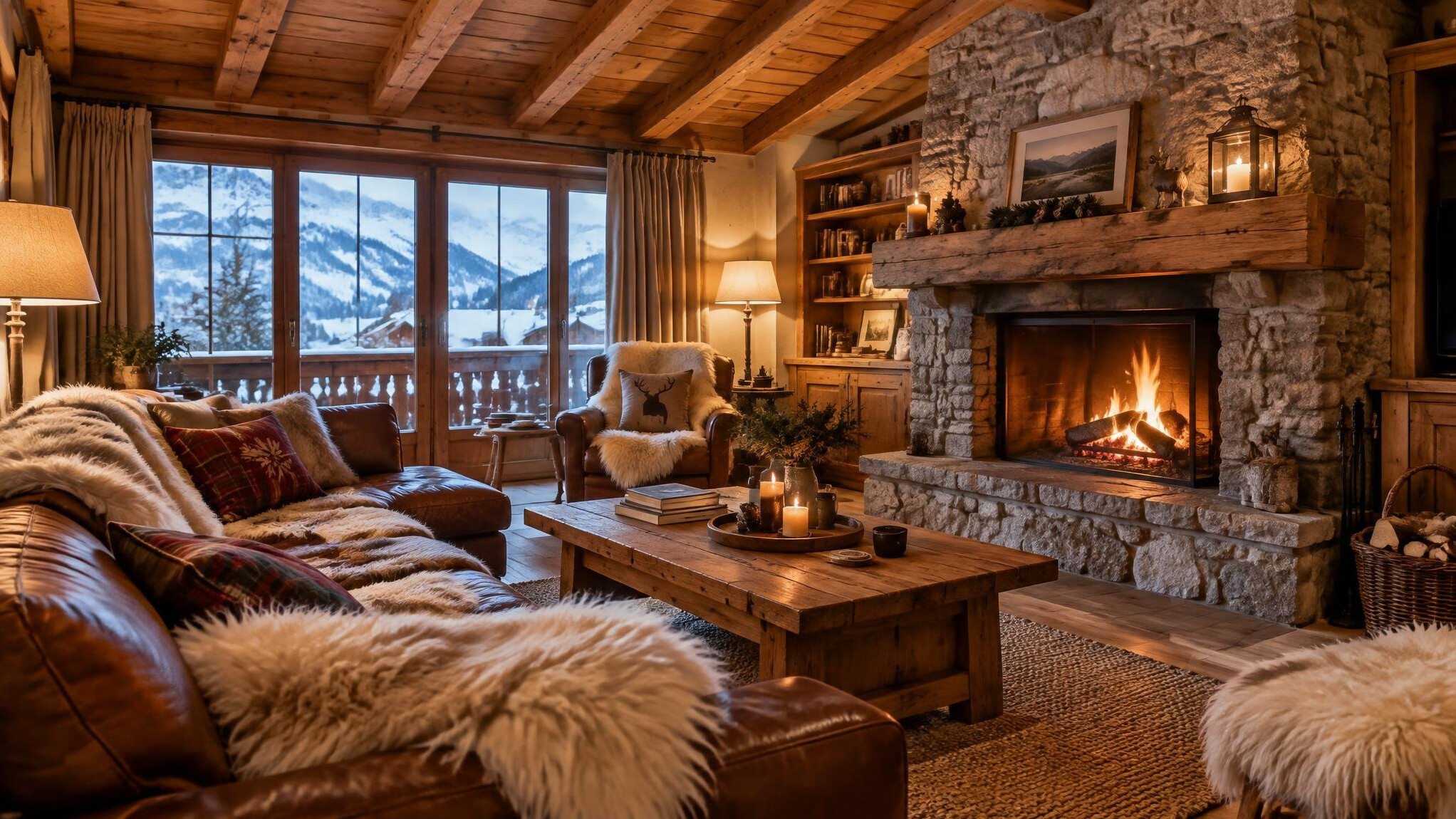 Cosy Swiss alpine chalet living room with stone fireplace and wooden beams