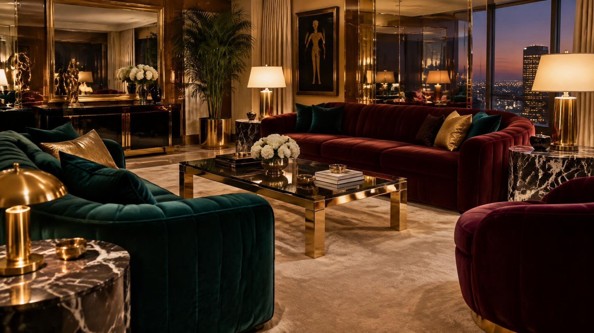 Glamorous 1980s style living room interior with gold accents and velvet furniture