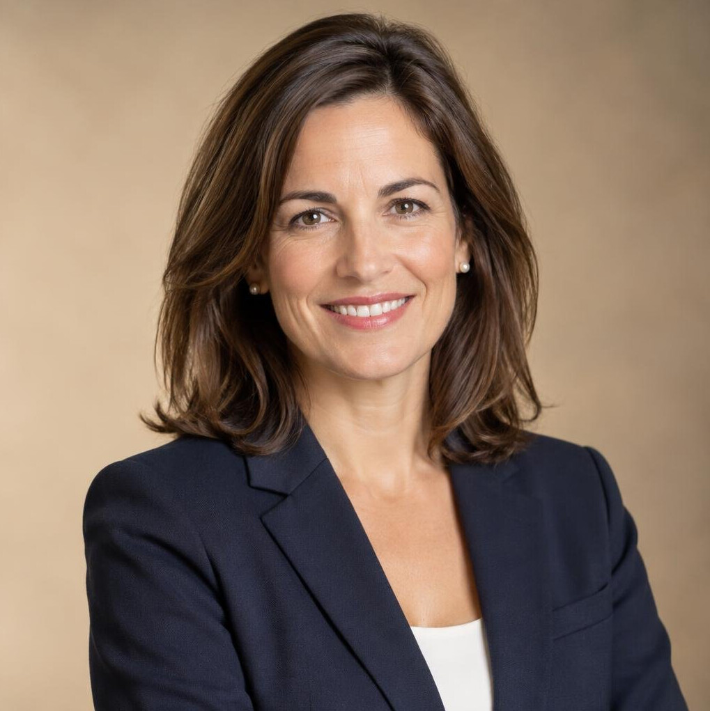 Studio portrait of a Swiss woman in her forties, editor-in-chief, smiling confidently